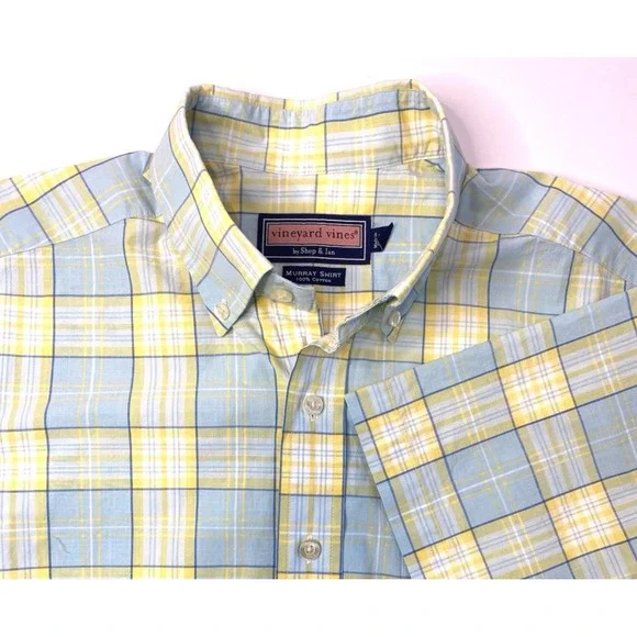 Vineyard Vines Men's Murray Shirt short sleeve Yellow Teal Summer Plaid Size M - Picture 1 of 13